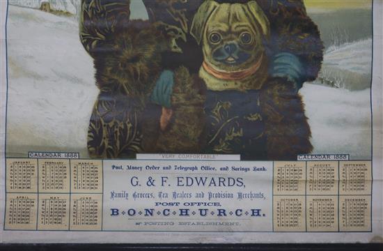 Nine cardboard shop advertising signs from 1920s-50s, a Victorian calendar 1888 and other later calendars